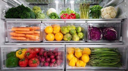 Organized Refrigerator with Fresh Fruits and Vegetables