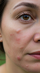 Fototapeta premium Close-up of Woman's Face with Acne and Skin Irritation