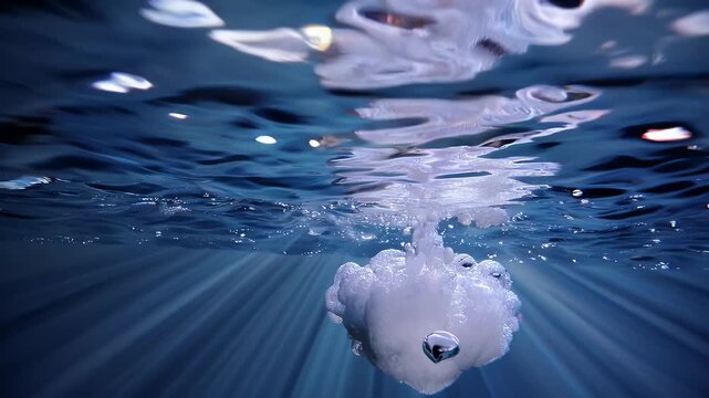 Stunning slow motion underwater footage capturing natural light rays dancing over moving sea foam and surface caustics perfect for ocean themed designs backgrounds or calming visual compositions