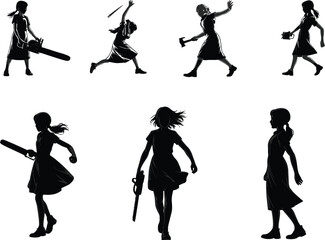 Silhouette of girl in dress wielding chainsaw, axe, and baseball bat in dynamic action poses showcasing powerful strength and intensity