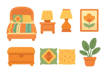 Cozy Bedroom Icons. Flat vector mini-illustrations cozy eclectic bedroom in colors children's illustrations: