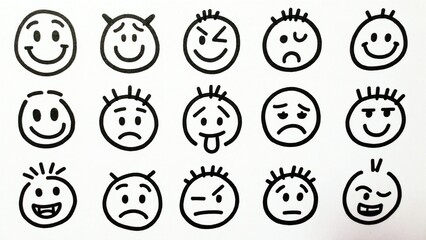 Fototapeta premium Collection of hand-drawn stick figure faces showing various emotions and expressions.