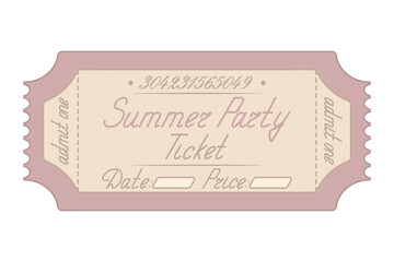 Summer party. Pink color Ticket admit one. Date and price are indicated. Handwritten lettering cursive. Color vector illustration. Tear-off ticket with number. Isolated on white background. Cartoon 