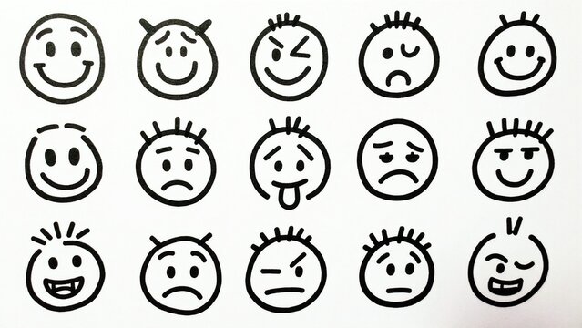 Collection of hand-drawn stick figure faces showing various emotions and expressions.
