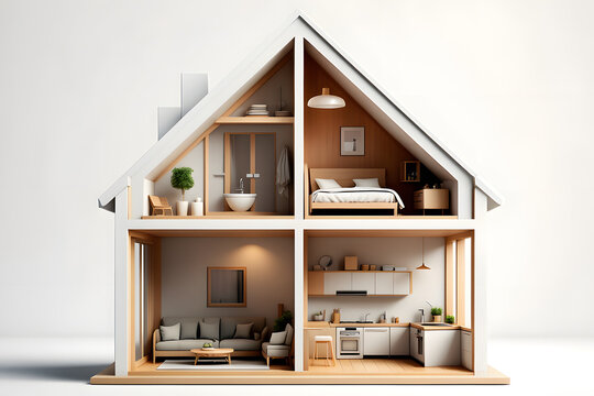 Dollhouse style cross section of a modern house interior with living room bedroom and kitchen architecture