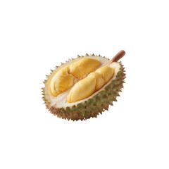 Obraz premium Freshly opened durian fruit with creamy flesh, showcasing its unique texture and aroma against a white isolated background.
