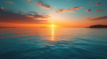 Obraz premium Ocean horizon at sunset, golden light reflecting on water, clouds paint the sky in shades of orange.