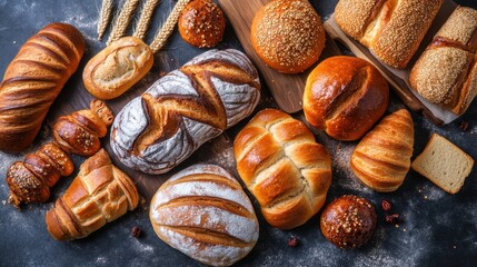Freshly Baked Bread Variety Displayed on Rustic Wooden Table