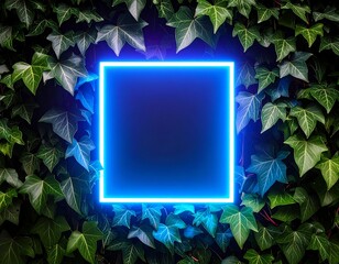 Neon Blue Square Frame Surrounded by Ivy