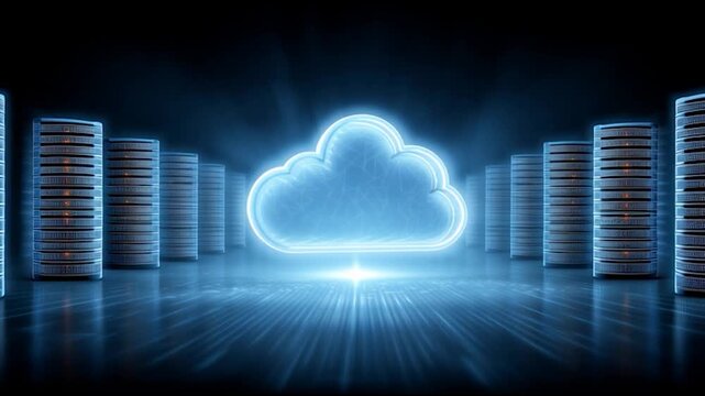 A digital representation of a cloud symbolizing cloud computing, surrounded by data servers and illuminated with blue light.
