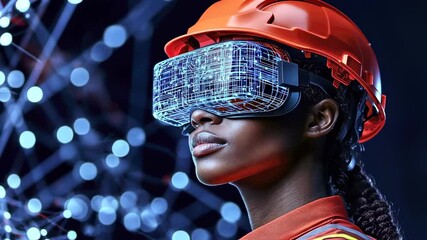 female engineer wearing virtual reality headset in a futuristic setting - Powered by Adobe