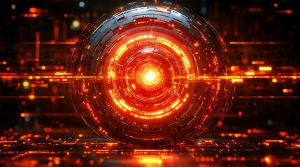Fototapeta premium Fiery, glowing orb with intricate technological design.