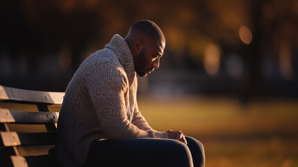 Sad man sitting alone on park bench in warm autumn light feeling depressed. Lonely person in sweater experiencing melancholy and contemplation during golden hour.