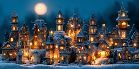 Obraz premium A Detailed Miniature Village Bathed in Moonlight