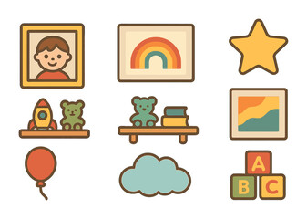 Colorful Kids' Art Gallery. Flat vector mini-illustrations creative kids gallery wall in colors children's