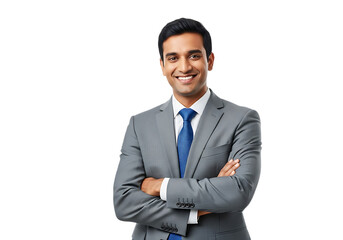 Confident indian businessman with arms crossed smiles in a gray suit and blue tie on a transparent background