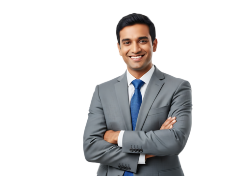 Confident indian businessman with arms crossed smiles in a gray suit and blue tie on a transparent background
