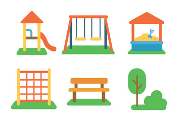 Colorful Playground Icons. Flat vector mini-illustrations outdoor playground design in colors children's