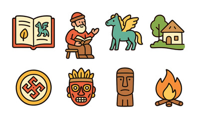 Obraz premium Folklore Icon Narratives. Flat vector mini-illustrations documenting folklore and myths in colors children's