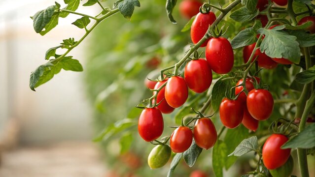 Fresh Ripe Red Grape Tomatoes Growing on a Vine in a Greenhouse Environment
