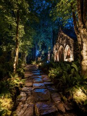 Illuminated Stone Chapel and Mossy Path at Night