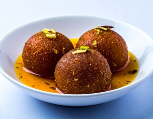 Indian gulab jamun with saffron syrup and pistachio on white background