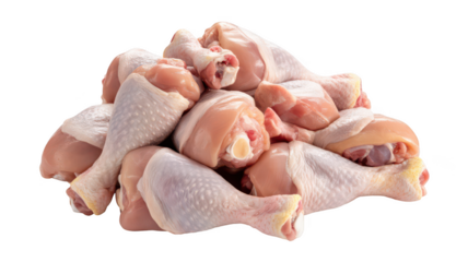 Pile of raw chicken drumsticks and thighs isolated on transparent background