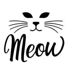 Illustration of a cat face with whiskers and the word meow written in a cursive font below it