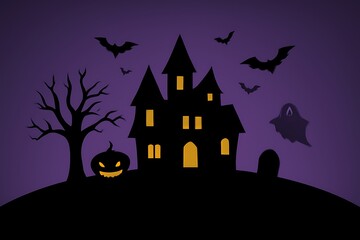 Halloween haunted house with bats, ghost, and pumpkin on a hill