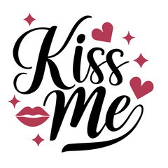 Kiss me typography design with hearts and stars in black and pink on a white background vector image