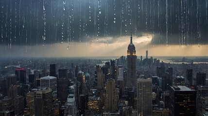 A dramatic view of New York City's skyline on a rainy day, featuring the Empire State Building amidst dark storm clouds.