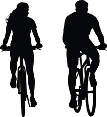 Silhouette of two cyclists riding bikes, black and white minimal design showing long and short hair figures in forward motion © CreativeArtist