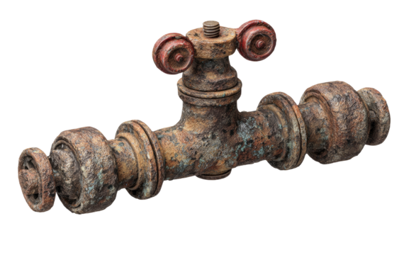 Rusted plumbing fixture, segmented pipes, antique valve