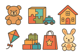 Toy Store Icons. Flat vector mini-illustrations toy retail franchises in colors children's illustrations: