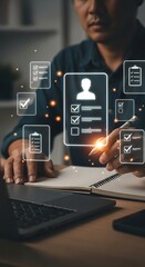 Professional man meticulously reviews digital checklist and task list, optimizing productivity and achieving goals with modern technology