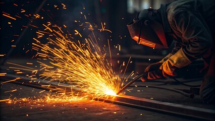 Skilled welder in protective gear creating a brilliant shower of sparks during metal fabrication in a workshop