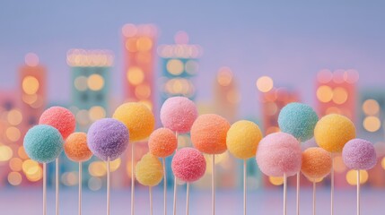 Vibrant bunch of colorful cake pops perfectly arranged with blurred background and ample copy space for text