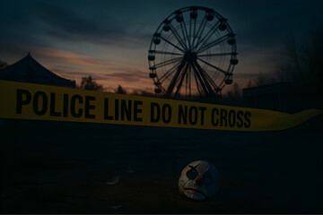 "Abandoned Carnival Crime Scene at Dusk with Ferris Wheel and Broken Clown Mask"
