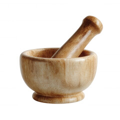 Wooden mortar and pestle on white isolated background, ideal for grinding spices or herbs in culinary preparations, showcasing rustic kitchenware elegance.