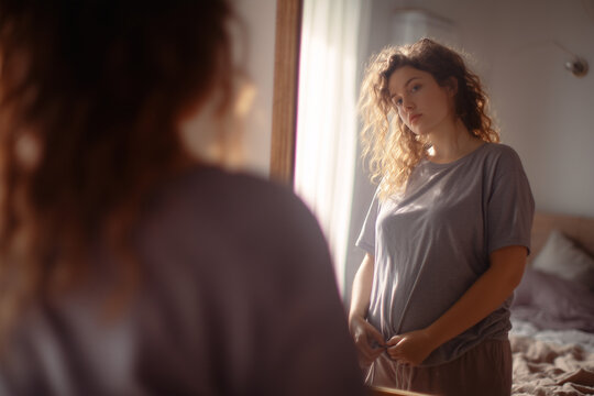 Kobieta przegląda się w lustrze zaraz po przebudzeniu, widząc swoje niedoskonałości. Czuje zazdrość i niepewność, walcząc z brakiem akceptacji własnego ciała.