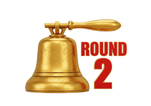Isolated Golden Boxing Bell with 'Round 2' Text