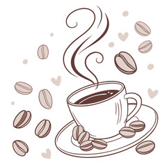 Steaming coffee cup with scattered beans and hearts