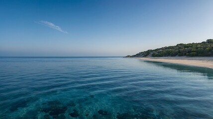 A serene view of calm waters meeting a sandy beach under a clear blue sky, ideal for relaxation.