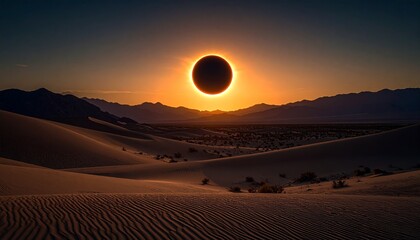 Ring of Fire Eclipse Above Dark Desert Landscape at Night with Large Sun Focus