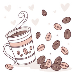 Steaming coffee cup with scattered beans and hearts