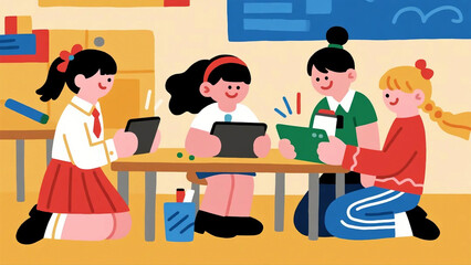 Vector scene of kids playing multiplayer games together on tablets in a school setting, cheerful expressions and collaborative learning vibe