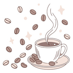 Steaming coffee cup with scattered beans vector