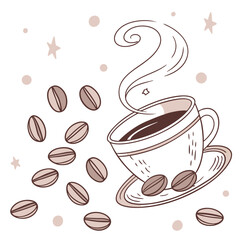 Steaming coffee cup with scattered beans and stars