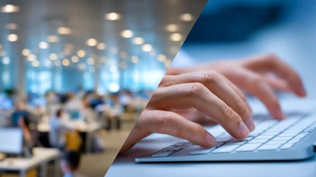 Dynamic Split View Showcasing Office Productivity and Hands Actively Typing on a Keyboard