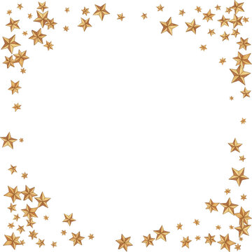 Gold flying stars confetti magic holiday frame vector, premium sparkles stardust border background.